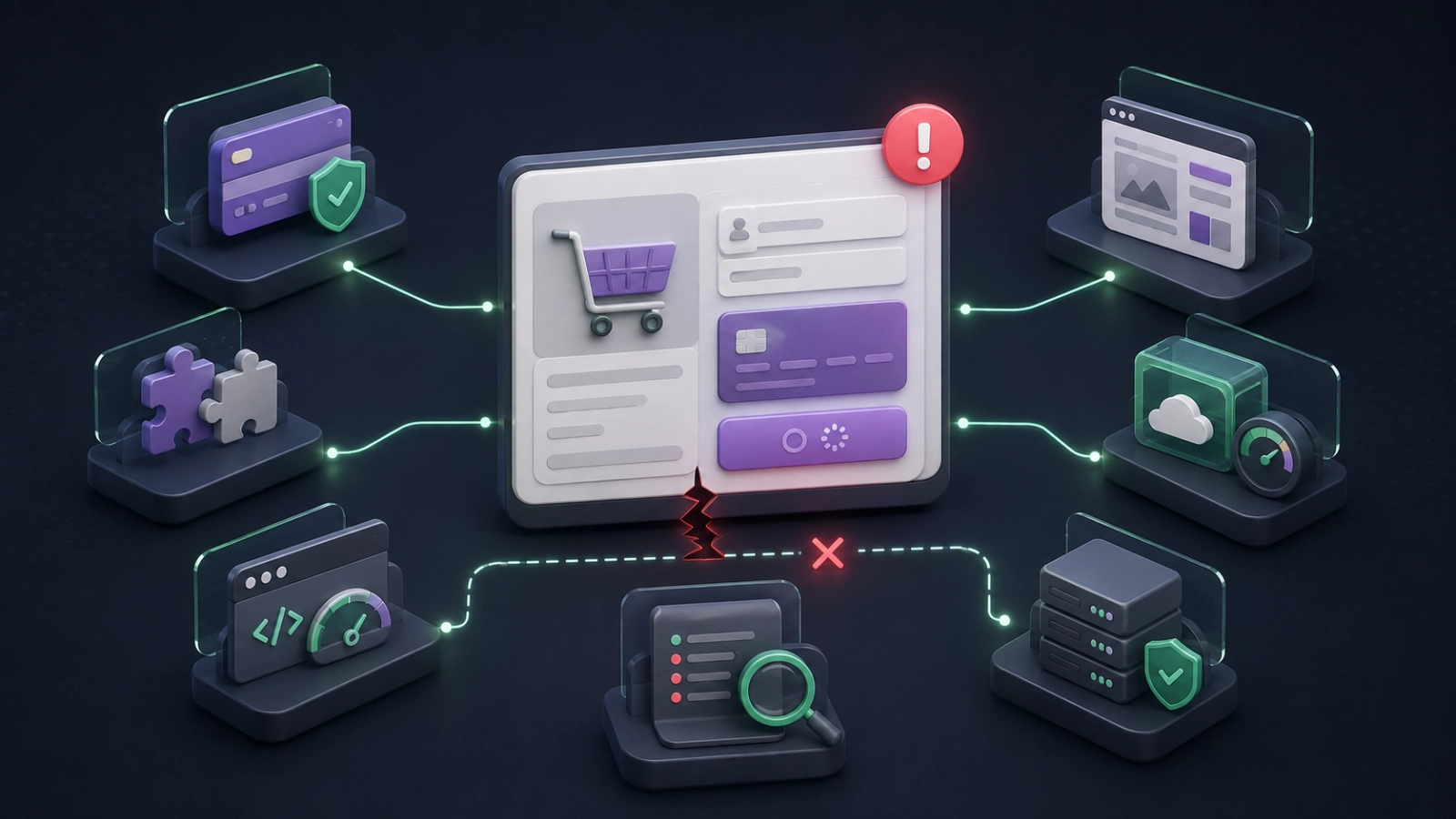 Ilustração de um checkout do WooCommerce com erro, conectado a gateway de pagamento, plugins, cache, servidor e logs de diagnóstico.