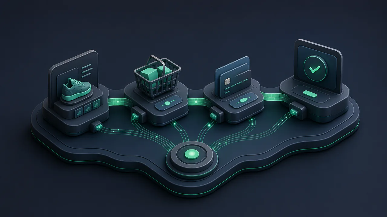 Ilustração 3D isométrica abstrata do funil de e-commerce com módulos de produto, carrinho, checkout e compra conectados por fluxos de dados