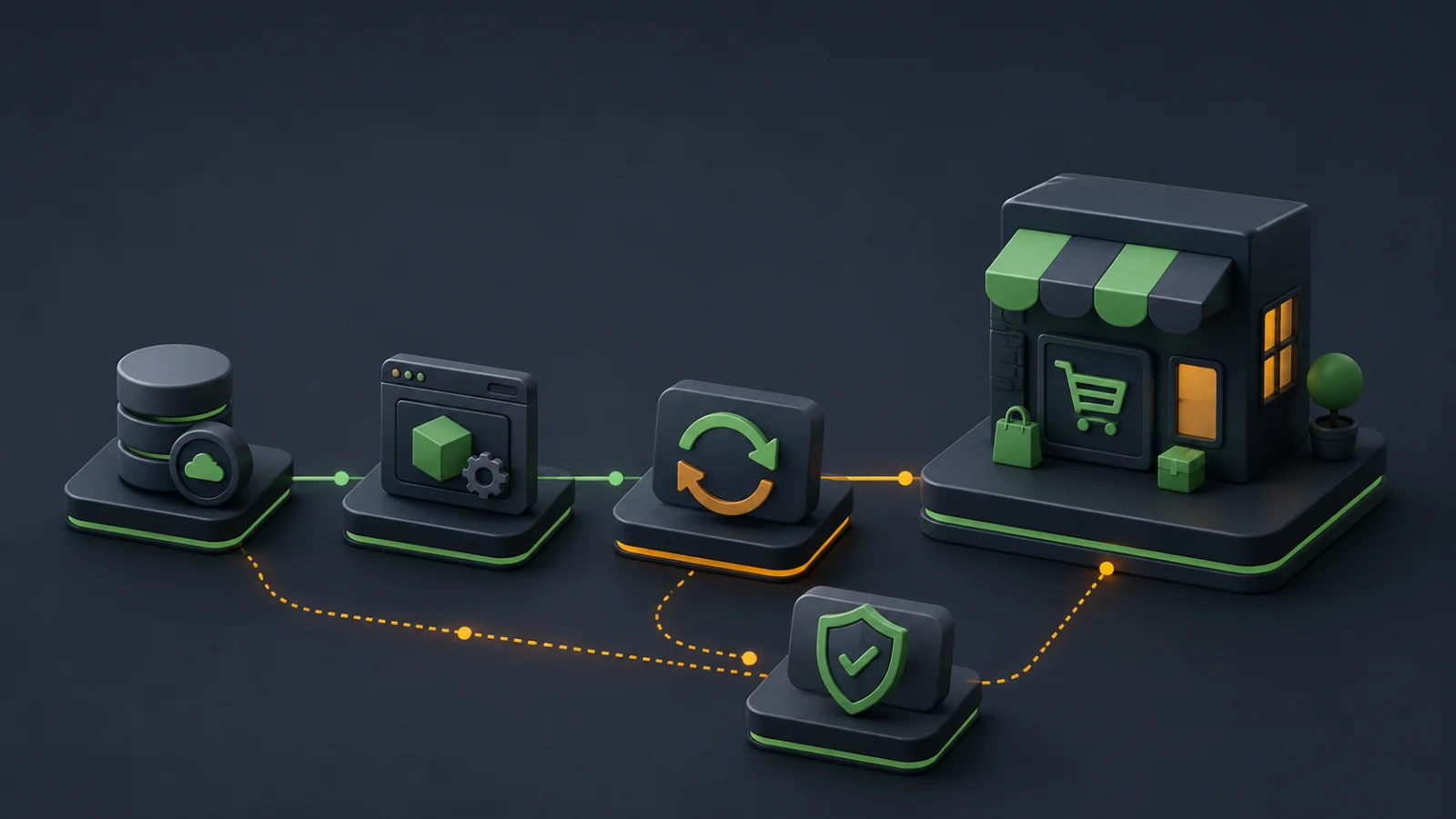 Ilustração 3D de um fluxo seguro de atualização de loja WooCommerce, com backup, staging, atualização, validação e loja em produção conectados.