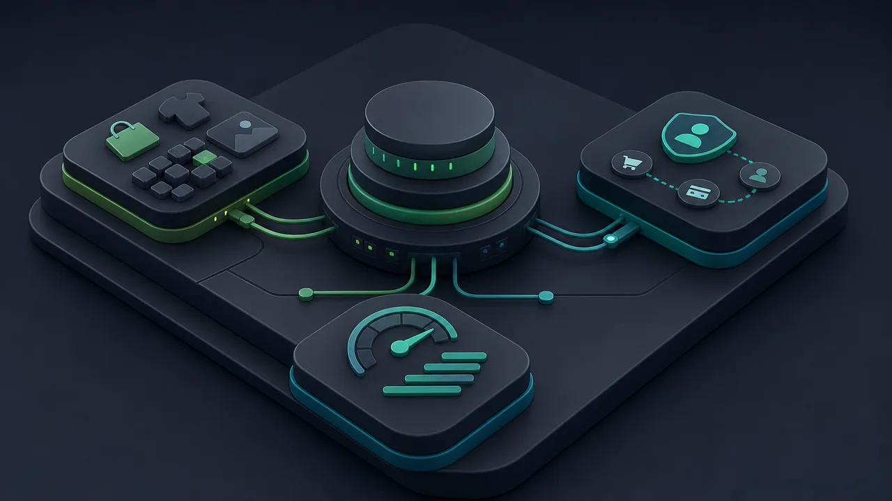 Ilustração 3D isométrica de ecossistema técnico de cache para WooCommerce com núcleo central e módulos conectados em fundo grafite escuro
