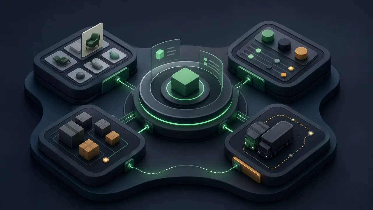 Ilustração 3D de cadastro de produtos com catálogo, imagens, variações e estoque conectados