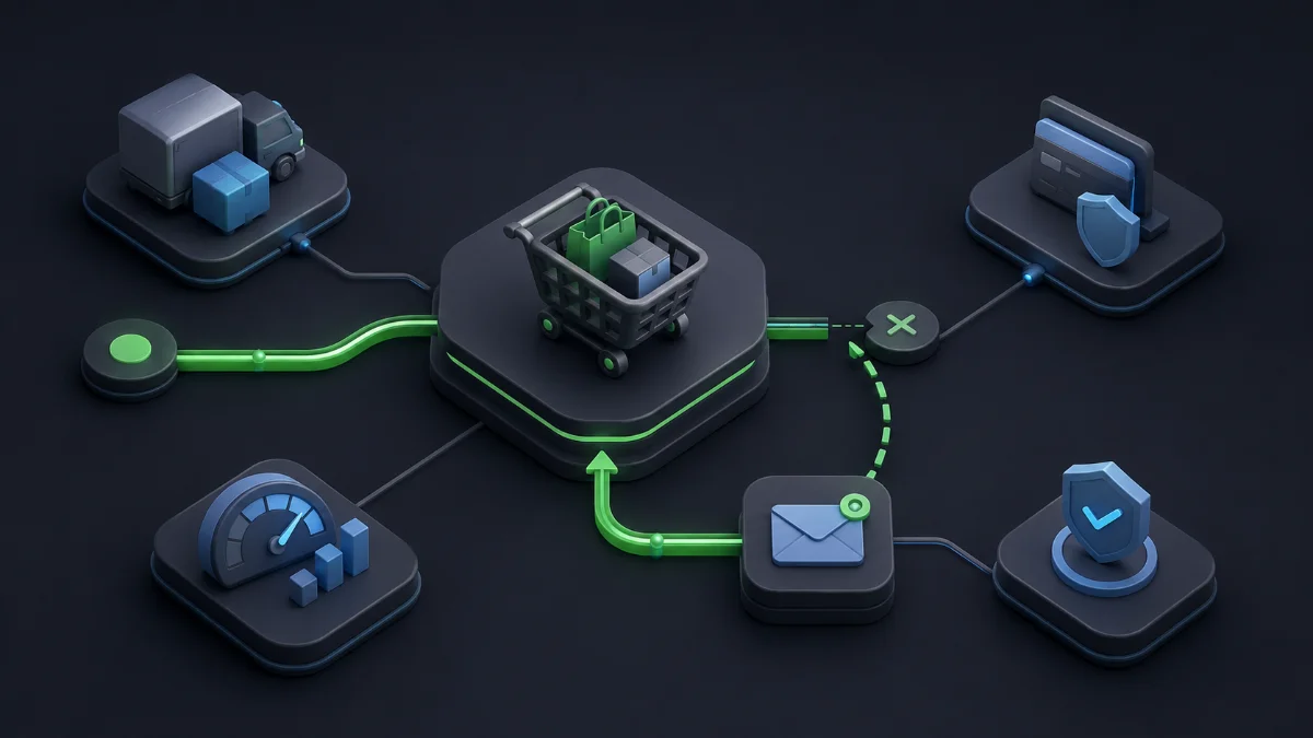 Ilustração 3D isométrica de um fluxo de compra interrompido, com carrinho, pagamento, entrega, performance, confiança e recuperação por e-mail conectados em um ecossistema técnico.