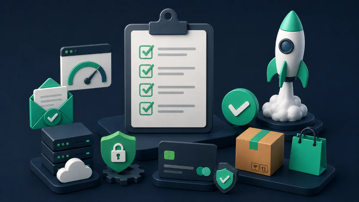 Ilustração 3D isométrica de uma prancheta com checklist de lançamento conectada a módulos de performance, segurança, backup, pagamentos, entrega e operação de uma loja virtual.
