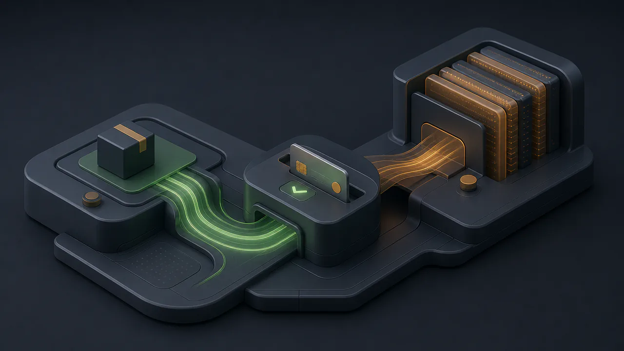 Ilustração 3D de checkout WooCommerce lento com fluxo de pagamento e frete conectados em ecossistema técnico