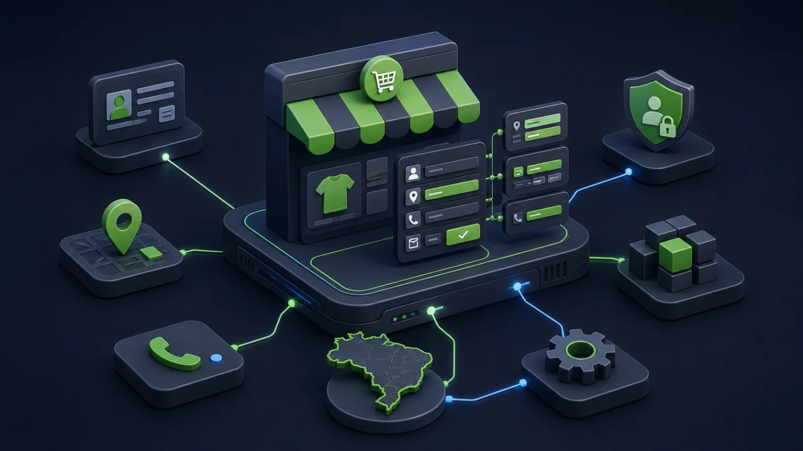 Ilustração 3D isométrica de uma loja virtual com checkout conectado a módulos de documento fiscal, endereço brasileiro, telefone, proteção de dados e configuração.