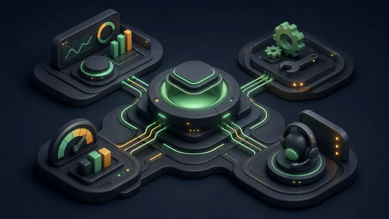 Ilustração 3D abstrata de sistema técnico de apoio a loja WooCommerce, com núcleo central e módulos de diagnóstico, manutenção e performance interconectados
