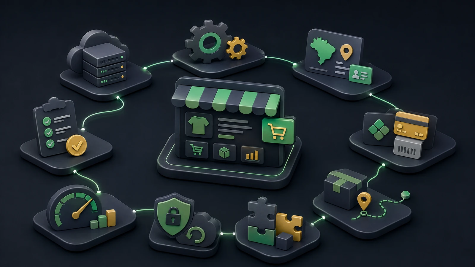 Ilustração 3D isométrica de um ecossistema técnico mostrando a criação de uma loja WooCommerce no Brasil, com módulos conectados de hospedagem, configuração, pagamentos, frete, segurança, performance e lançamento.