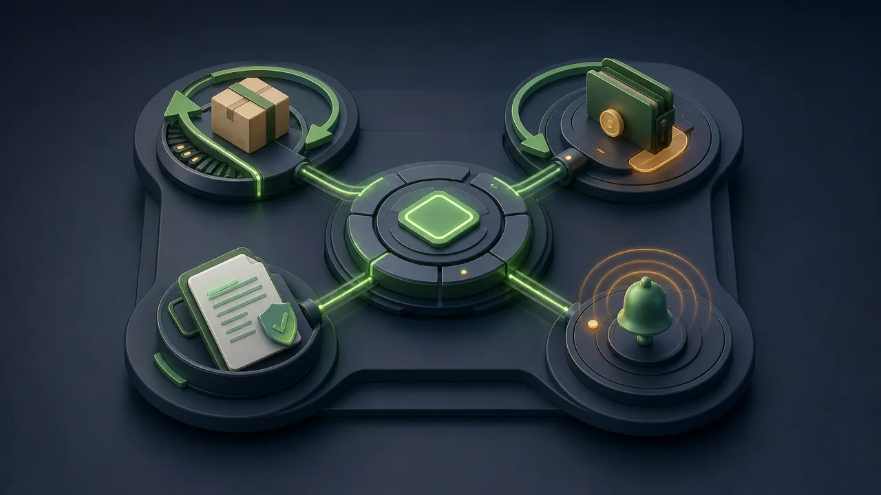 Ilustração 3D de fluxo de devolução e reembolso em loja WooCommerce