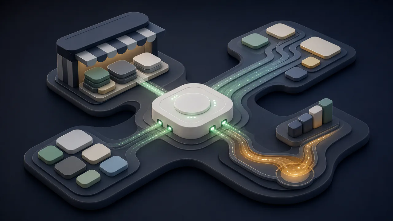 Ilustração 3D de um ecossistema técnico abstrato: um núcleo central de roteamento de pagamentos conectado a módulos de loja, checkout, formas de pagamento e repasse.