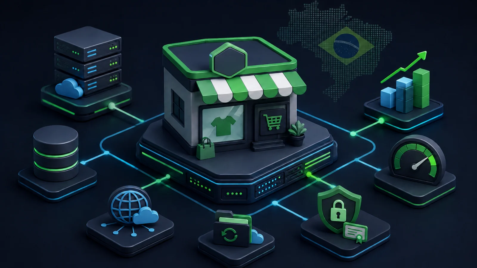 Ilustração 3D isométrica de uma loja virtual apoiada sobre uma infraestrutura de hospedagem, com módulos conectados de servidor, banco de dados, cache, backup, segurança e performance.