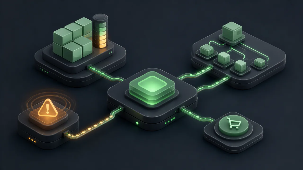 Ilustração 3D abstrata de sistema técnico de gestão de estoque para e-commerce, com módulos de produtos, variações e alerta de estoque baixo conectados em verde e âmbar.