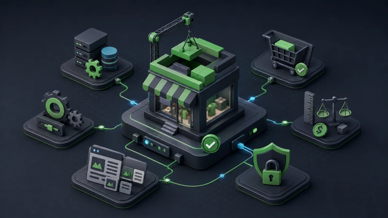 Ilustração 3D isométrica de uma loja virtual sendo configurada, com módulos conectados de instalação, páginas, HTTPS, moeda, medidas e checkout.