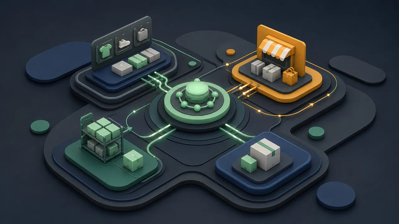 Ilustração técnica 3D de integração entre loja WooCommerce e marketplace, com módulos de produtos, estoque e pedidos sincronizados em verde Panacea e âmbar.