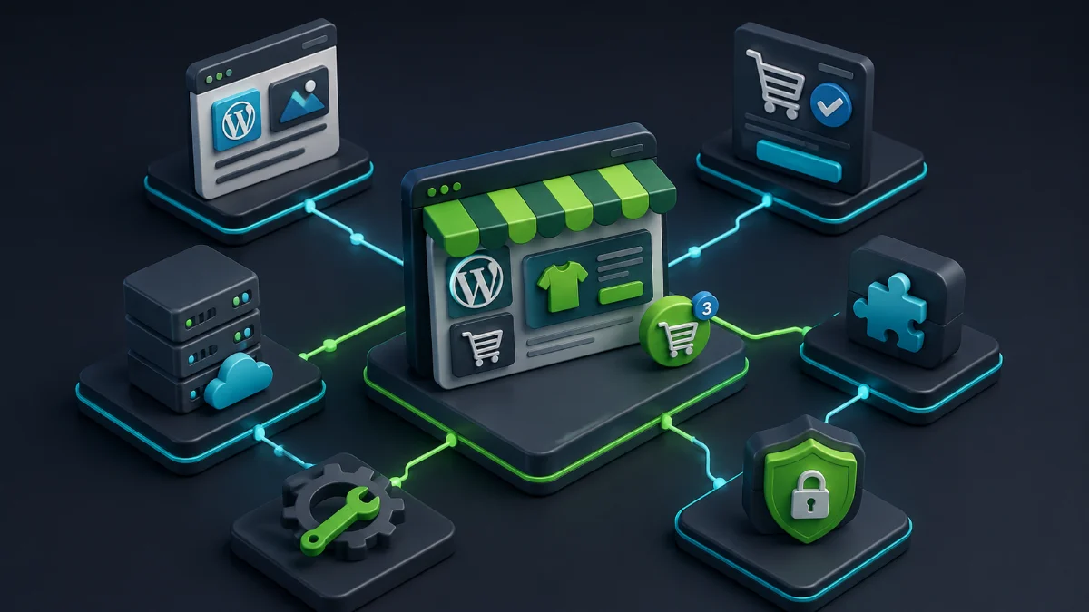 Ilustração 3D isométrica de uma loja virtual baseada em WordPress conectada a módulos de conteúdo, e-commerce, hospedagem, plugins, segurança e manutenção.