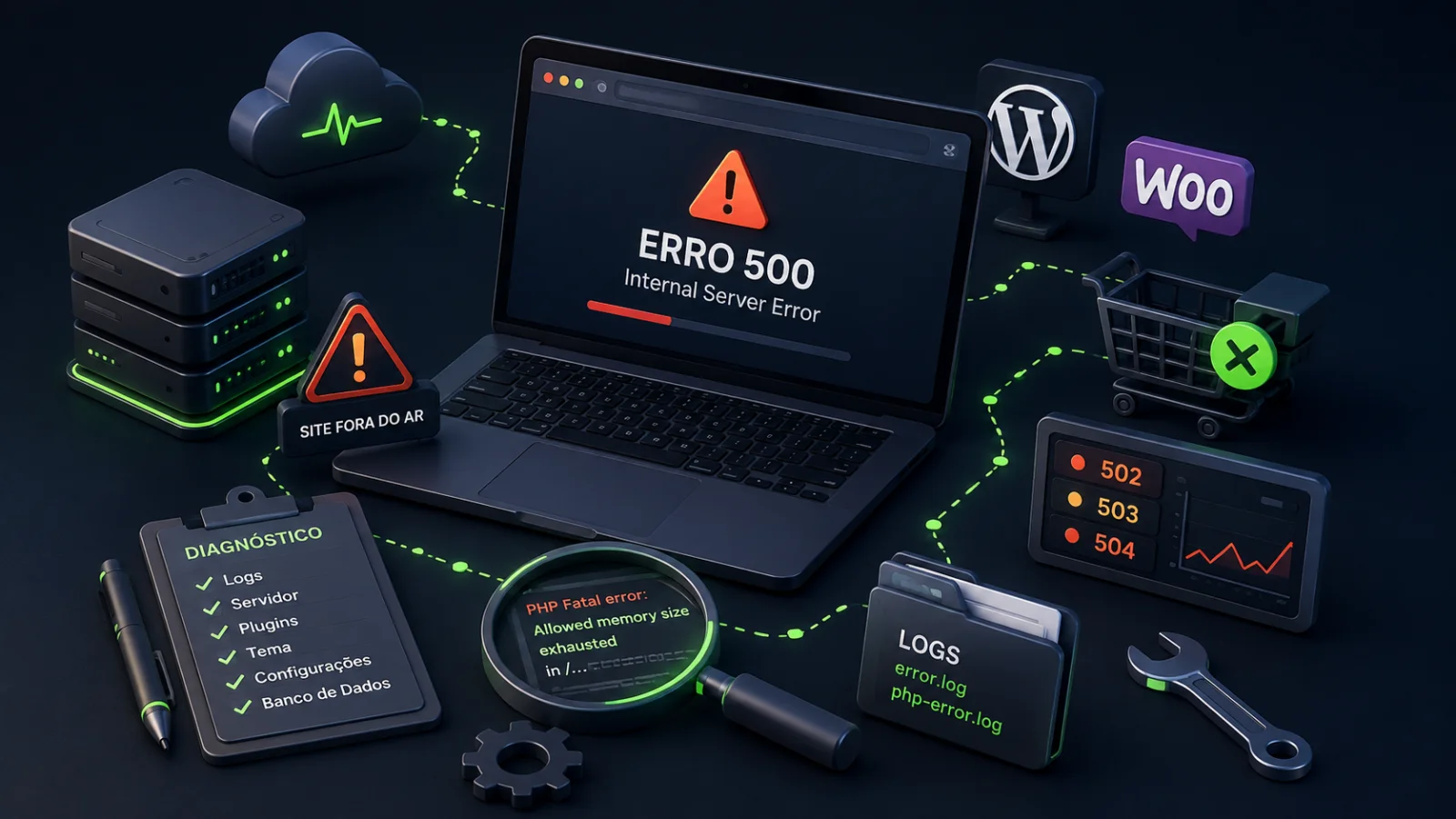 Representação visual de diagnóstico de erro 500 em loja WooCommerce com elementos de servidor e tela de erro.