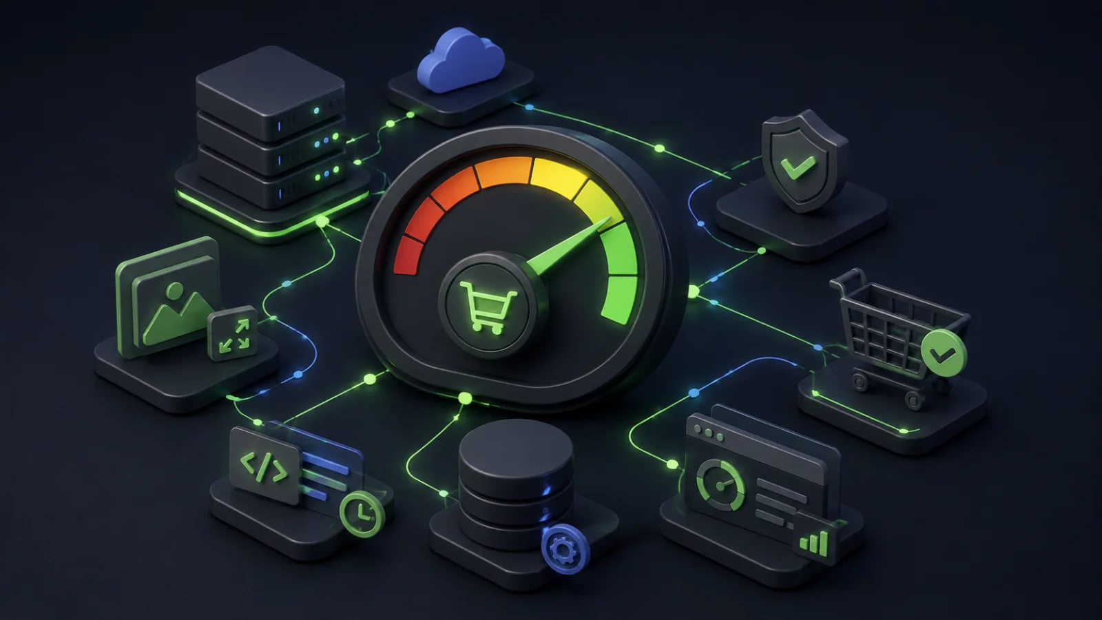 Ilustração 3D de um medidor de desempenho de loja virtual conectado a servidor, banco de dados, segurança e checkout.