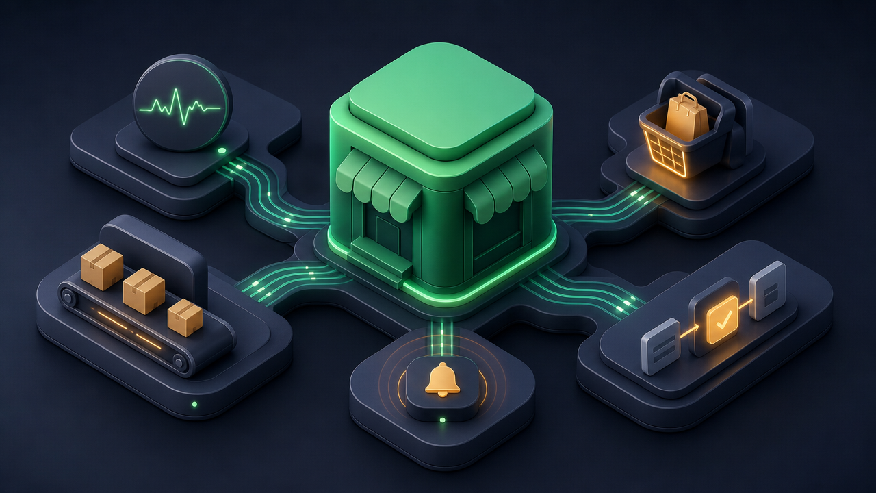 Ilustração 3D abstrata de um sistema técnico de monitoramento de loja virtual, com módulos conectados e sinais de alerta
