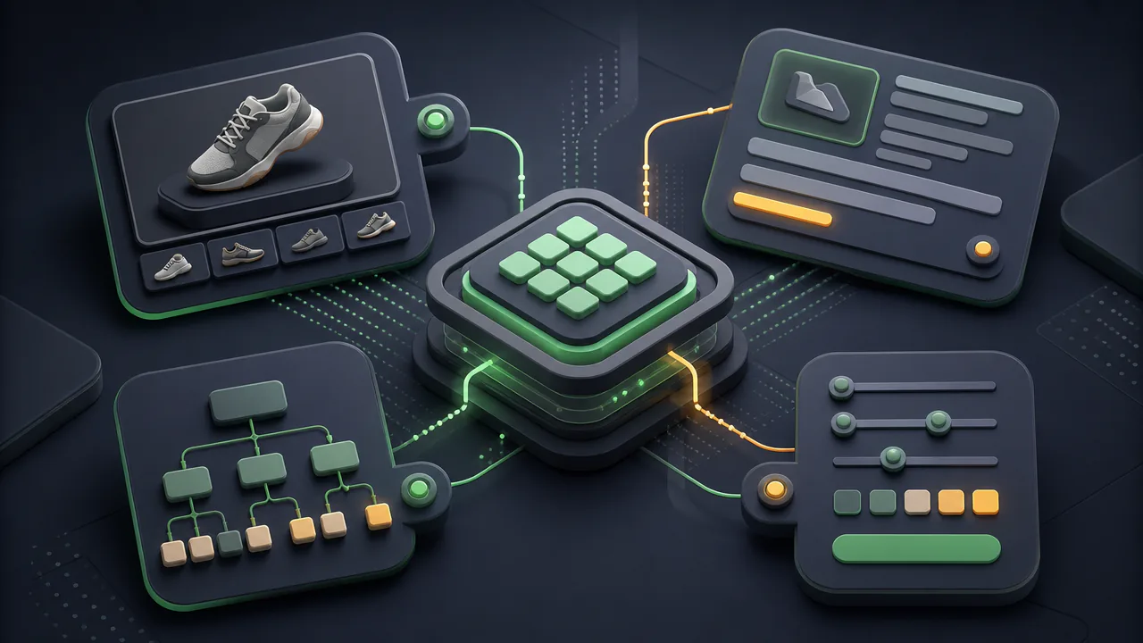 Ilustração 3D abstrata de catálogo WooCommerce organizado com fotos, descrições, categorias e filtros conectados