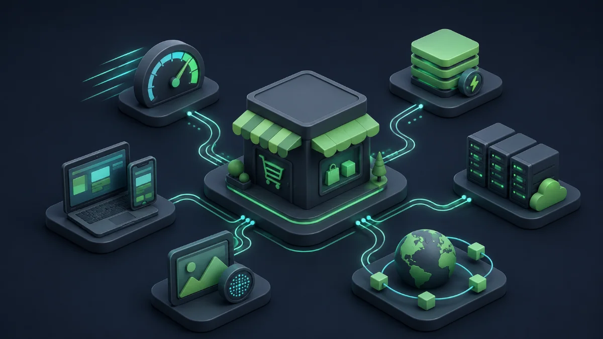 Ilustração 3D isométrica de uma loja virtual conectada a módulos de velocidade, cache, servidores, CDN, imagens e validação em desktop e mobile.