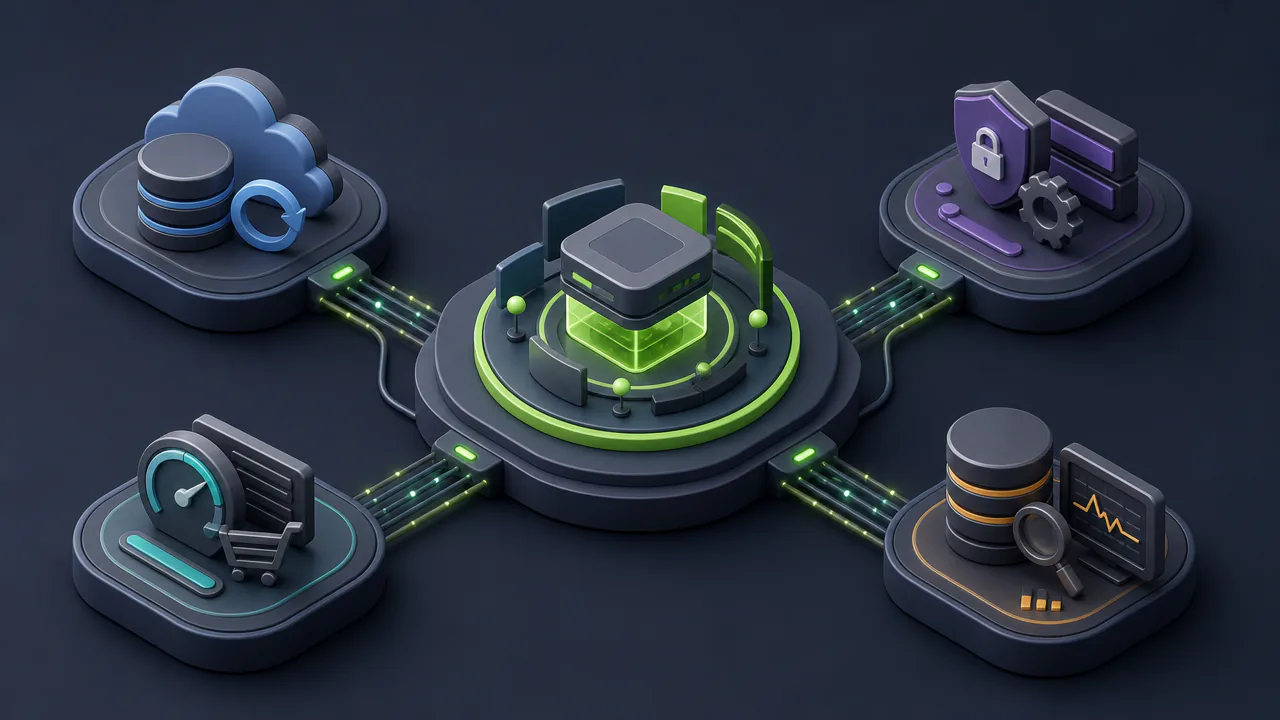 Ilustração 3D de uma loja WooCommerce saudável como núcleo técnico central conectado a módulos de manutenção preventiva em verde sobre fundo grafite e azul-marinho