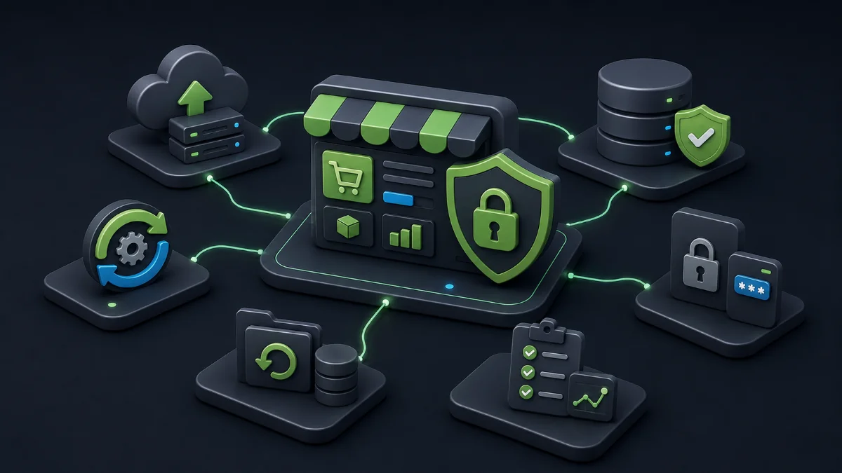 Ilustração 3D isométrica de uma loja virtual protegida por escudo, conectada a módulos de backup em nuvem, banco de dados, autenticação, atualização e monitoramento.