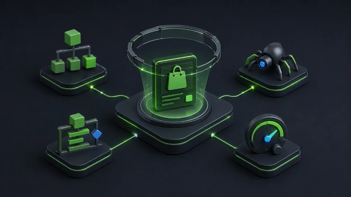 Ilustração 3D de produto em loja virtual conectado a módulos de rastreamento, sitemap, dados estruturados e performance.