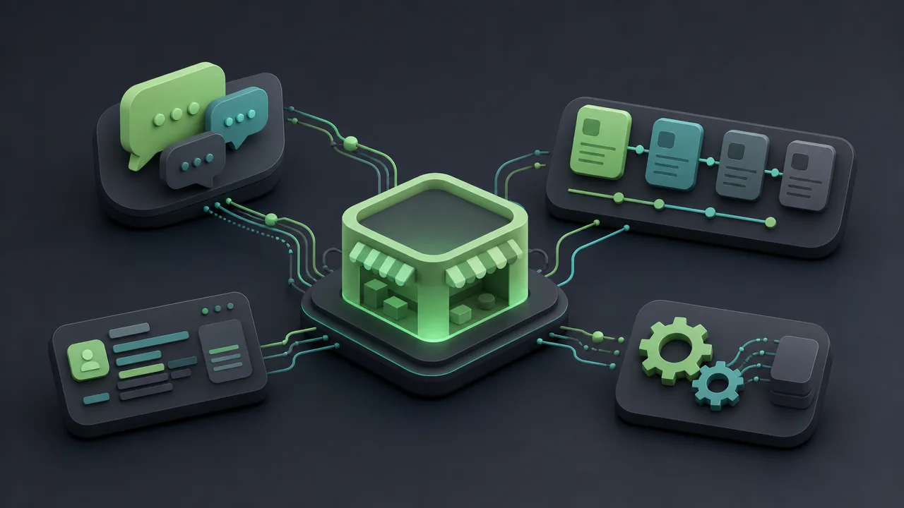 Ilustração 3D de um ecossistema técnico integrando uma loja virtual a módulos de mensagens, pedidos, atendimento e automação, em grafite e verde