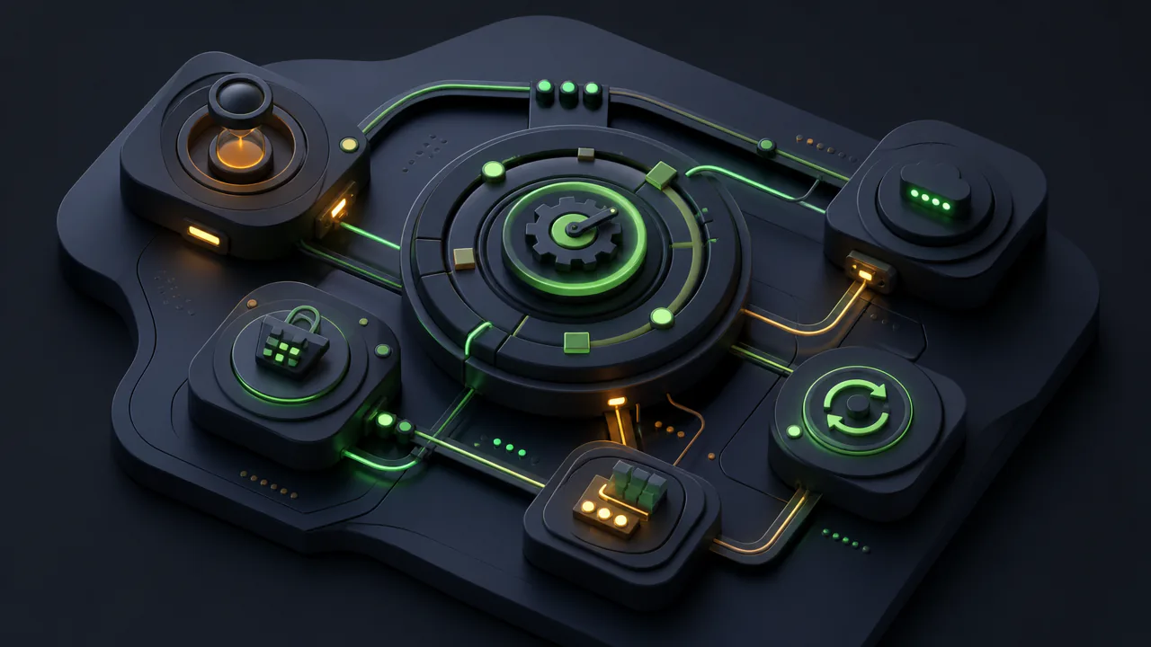 Ilustração 3D isométrica de ecossistema técnico abstrato representando fila de tarefas agendadas e agendamento WP-Cron com núcleo central e módulos conectados