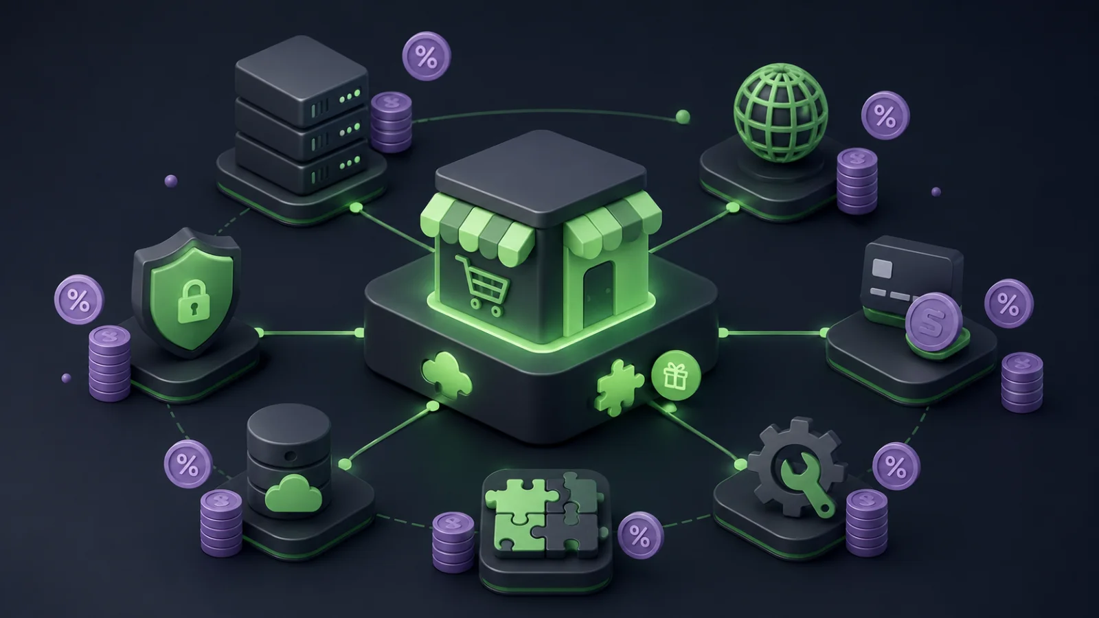 Ilustração de uma loja virtual WooCommerce com itens de custo como hospedagem, domínio, extensões, meios de pagamento e manutenção.